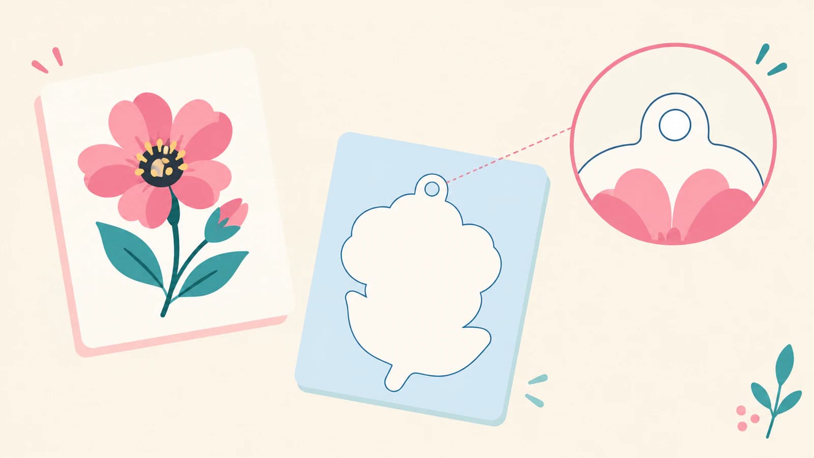 Conceptual flower artwork shown separately from an outside charm outline and a detail of the attachment opening