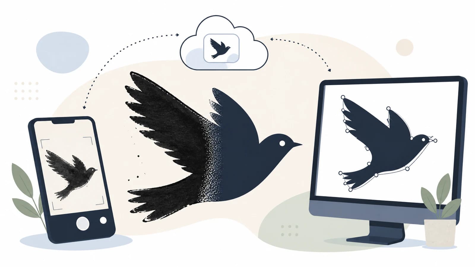 Conceptual workflow showing a noisy photographed fish becoming a clean editable vector path, saved to a cloud library, and refined with anchor handles