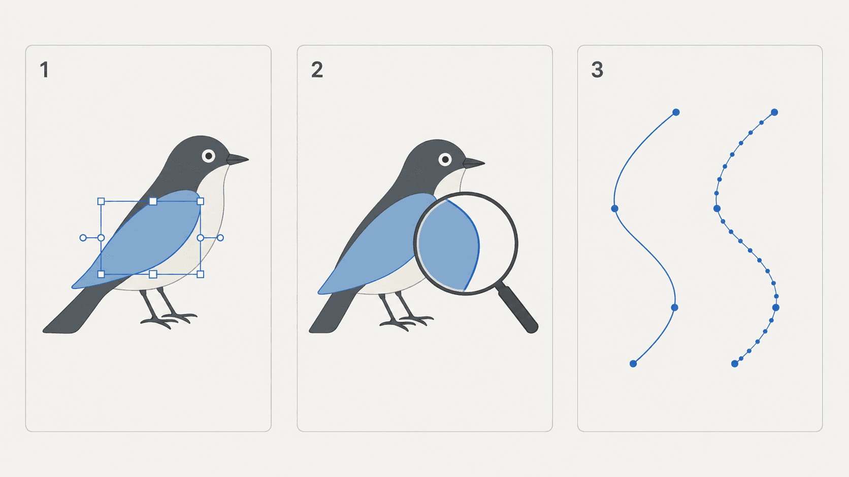 Diagram of the three SVG output checks: individually selectable shapes, edges that stay crisp under deep zoom, and a path with few anchor points versus one crowded with them