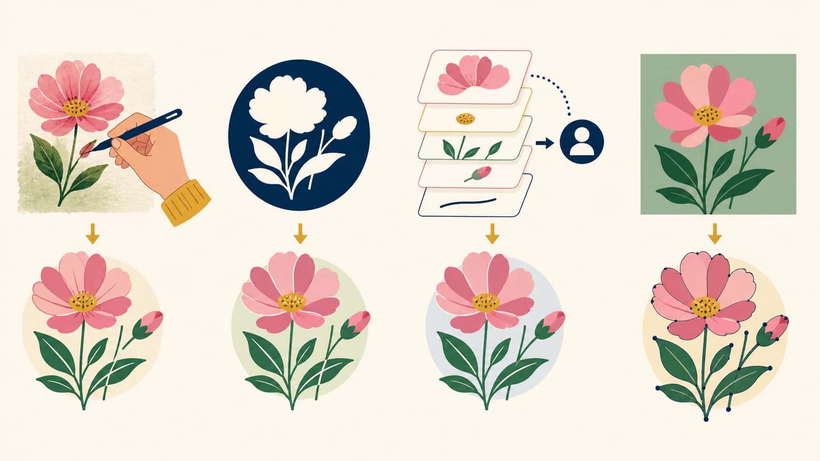 Conceptual four-route diagram showing vector brush redraw, Adobe Capture shape, Illustrator handoff with separate layers, and external image vectorization