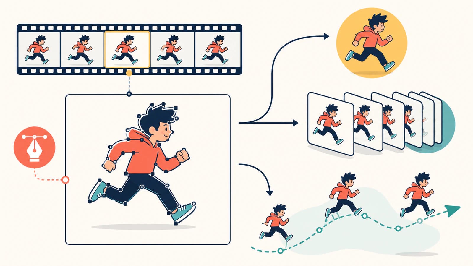 Diagramma concettuale che confronta un fotogramma GIF selezionato ricalcato in un solo SVG statico, più fotogrammi ricalcati disposti in sequenza e oggetti vettoriali riutilizzabili ricostruiti con movimento creato appositamente