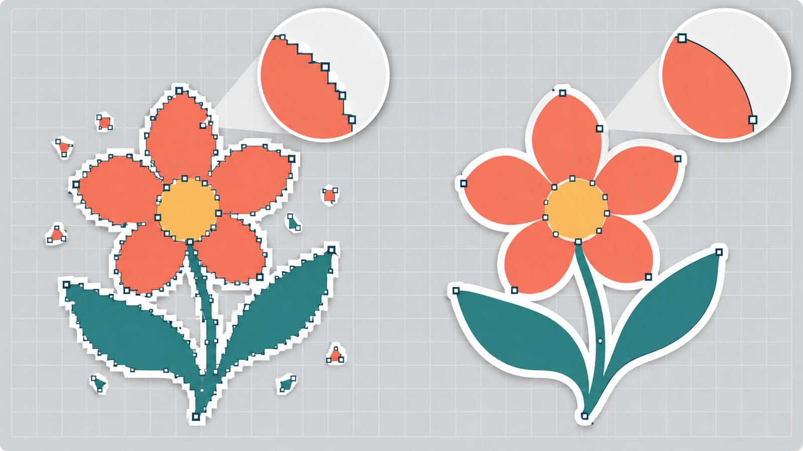 Illustration of the same flower decal traced two ways, with magnified petal edges: a jagged outline crowded with anchor points beside a smooth outline with few anchor points