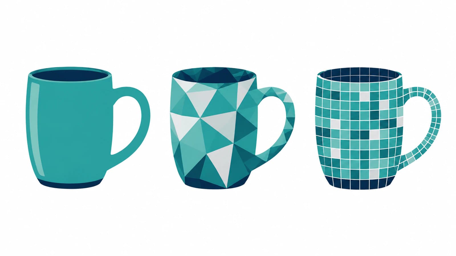 Conceptual illustration of three teal mugs with smooth surfaces, triangular facets, and mosaic tiles, each with an open handle