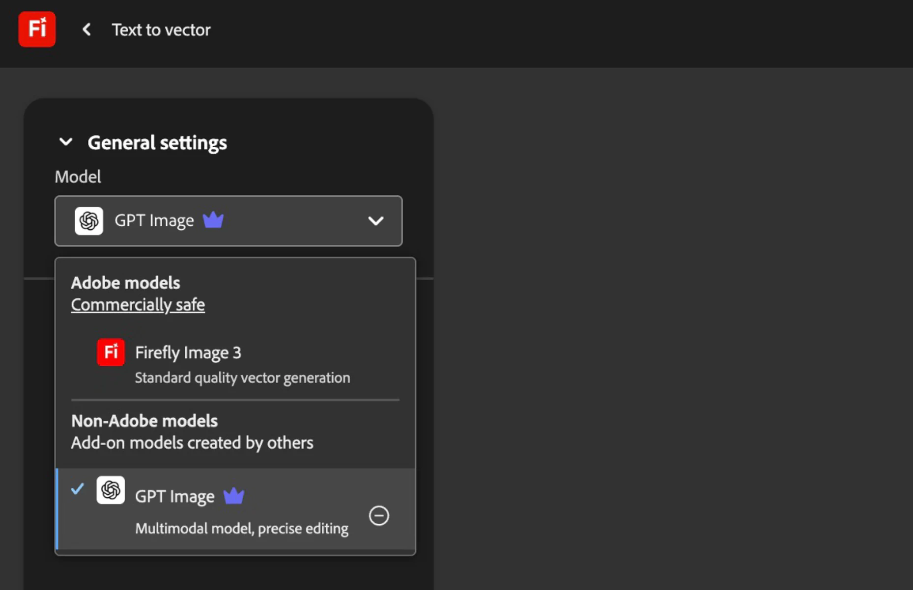 Menu model Adobe Firefly yang menunjukkan GPT Image terpilih bersama model gambar Adobe dan mitra