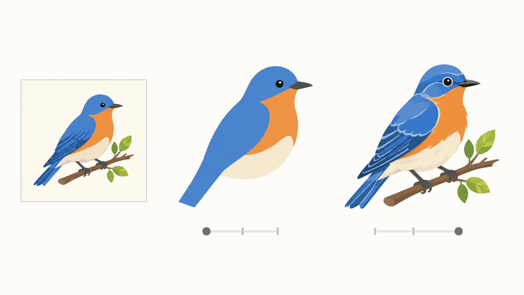 Diagram showing the same simple bird image traced at a low edge threshold, capturing few large shapes, and at a high threshold, capturing many small detailed shapes