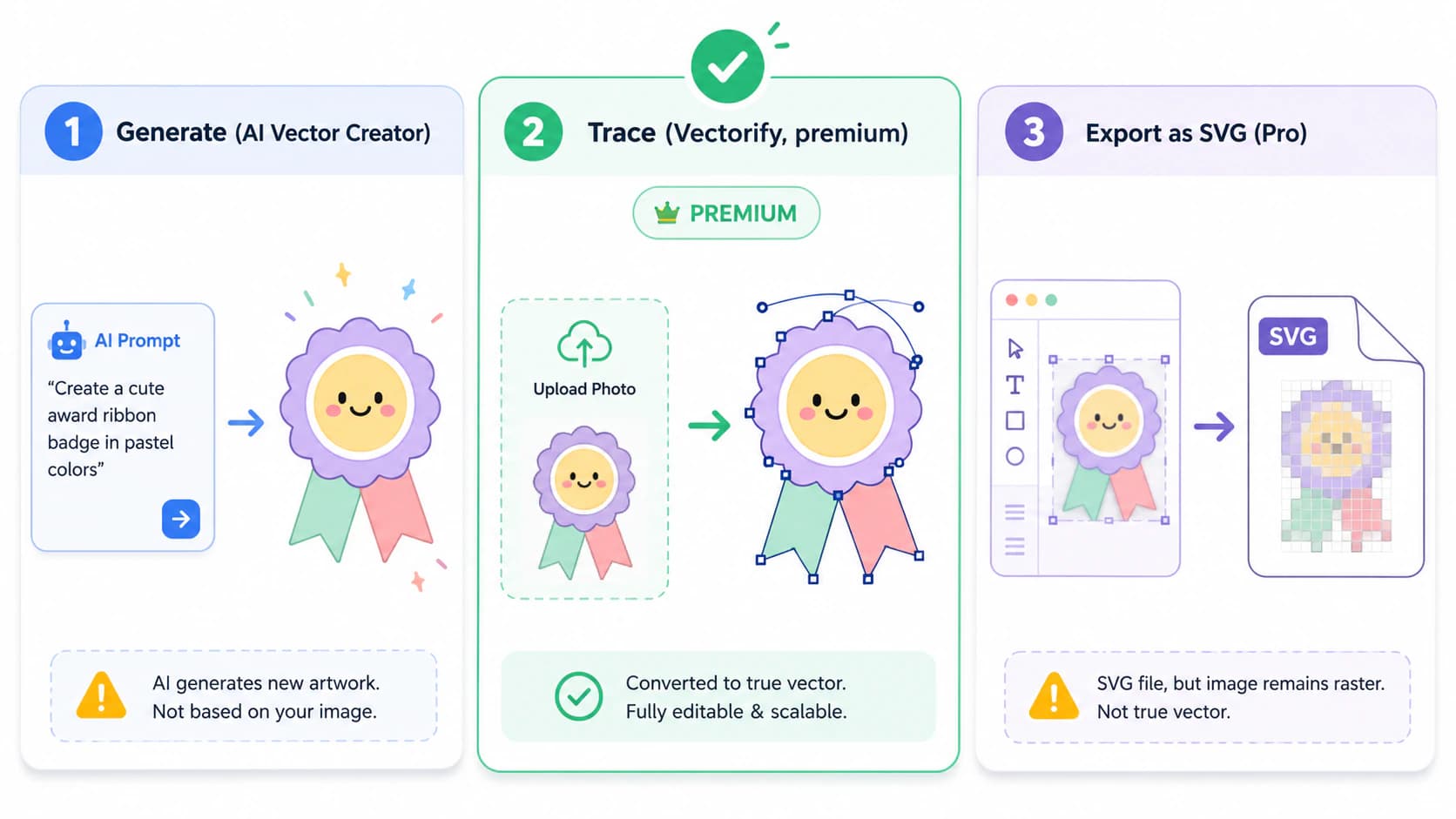 Schéma des trois fonctionnalités Canva liées au vectoriel : AI Vector Creator générant un nouveau visuel à partir d’un prompt, Vectorify traçant une image importée en formes, et le téléchargement SVG intégrant une photo sous forme de pixels