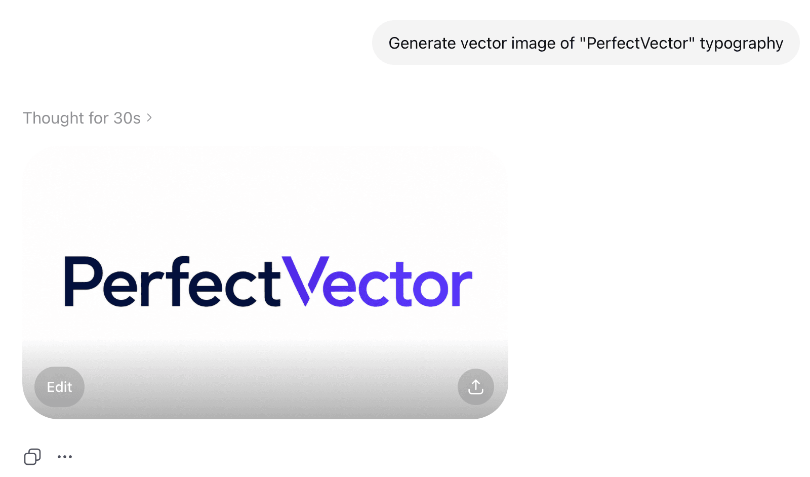 Die von ChatGPT generierte PerfectVector-Wortmarke im Chat-Ergebnis mit einem Bearbeiten-Button darunter