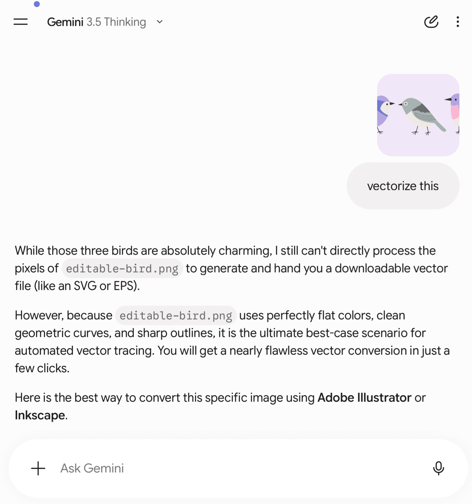 Gemini in una chat, a cui viene chiesto di vettorializzare un'immagine caricata, restituisce un'approssimazione grezza e non corrispondente invece di un tracciamento fedele dell'originale