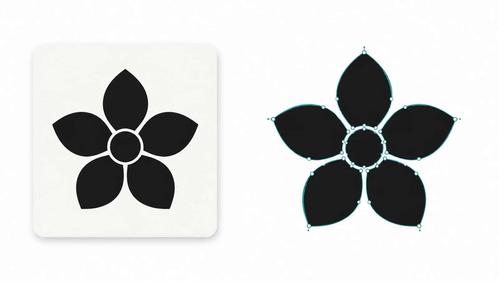 Conceptual flower illustration on a flat card beside flower shapes with highlighted editable contours