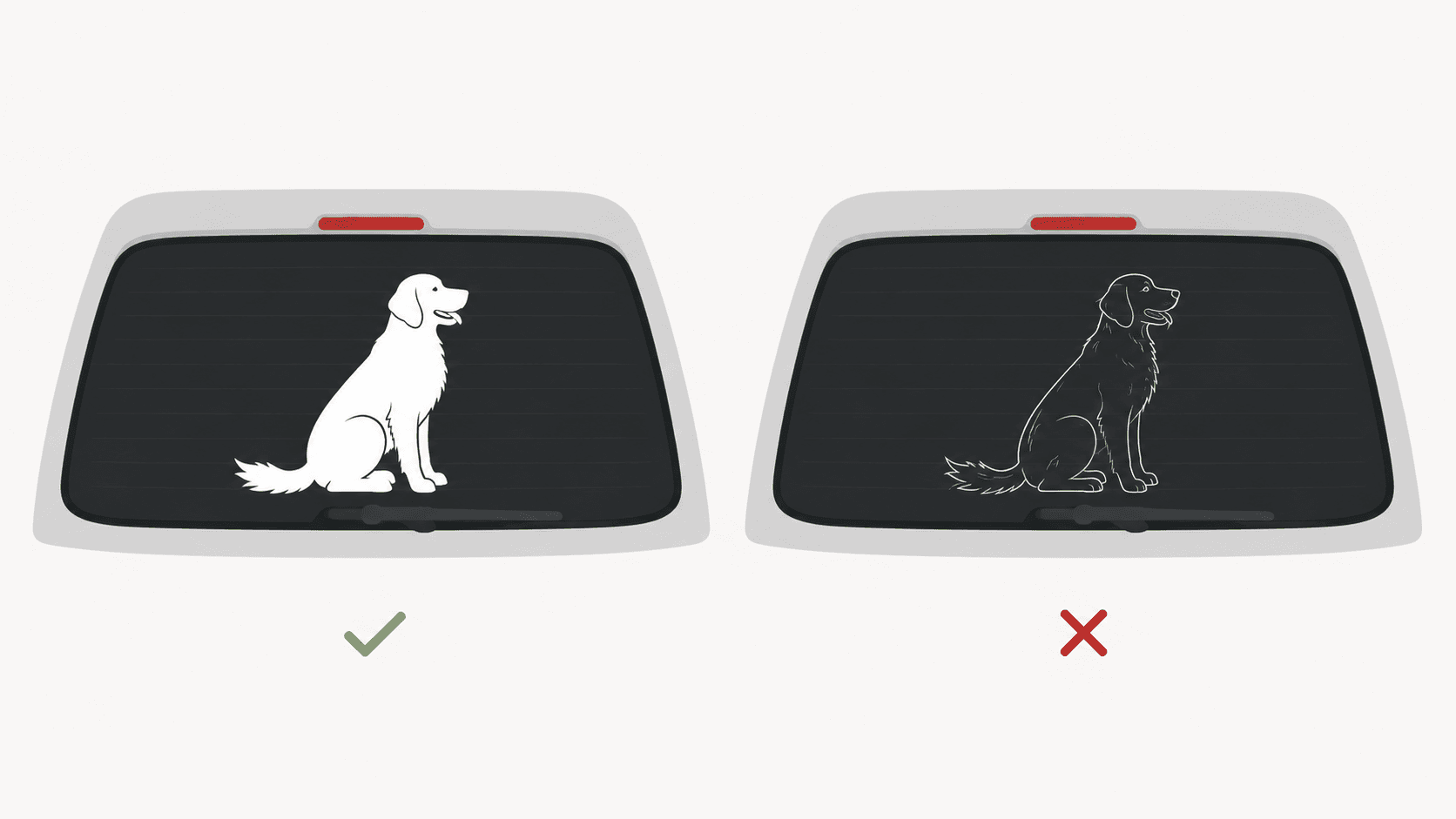Two versions of the same dog design as car decals: a bold solid silhouette that reads clearly, next to a fine-lined detailed version that breaks apart at distance