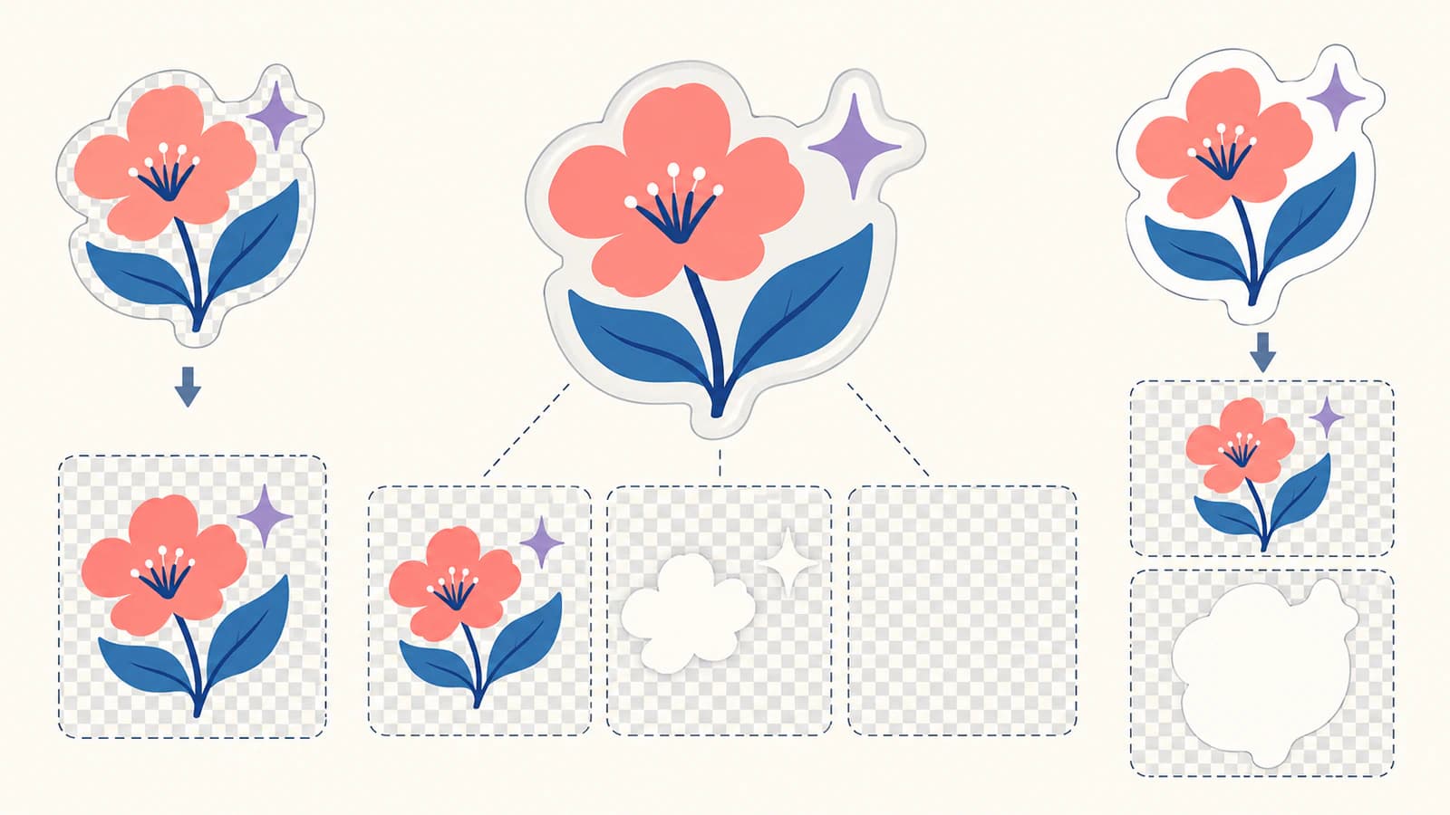 Conceptual color and white-layer planning studies with deliberately unprinted clear areas