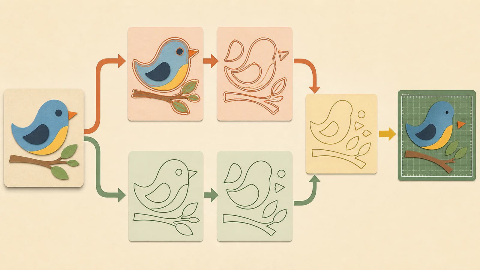 Méthode conceptuelle montrant une image matricielle suivant soit une vectorisation native, soit une préparation SVG nettoyée, avant le même examen des tracés et de la taille