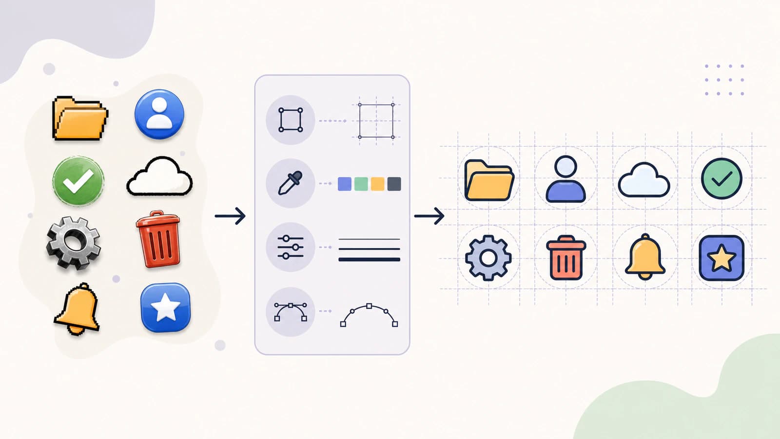 Konzeptioneller Ablauf, in dem uneinheitliche PNG-Icons zu einer abgestimmten SVG-Icon-Familie auf einem gemeinsamen Raster werden
