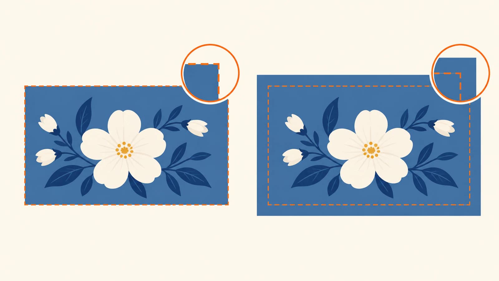 Conceptual floral artwork comparison: blue color stops at an orange dashed trim boundary on the left and continues beyond it on the right.