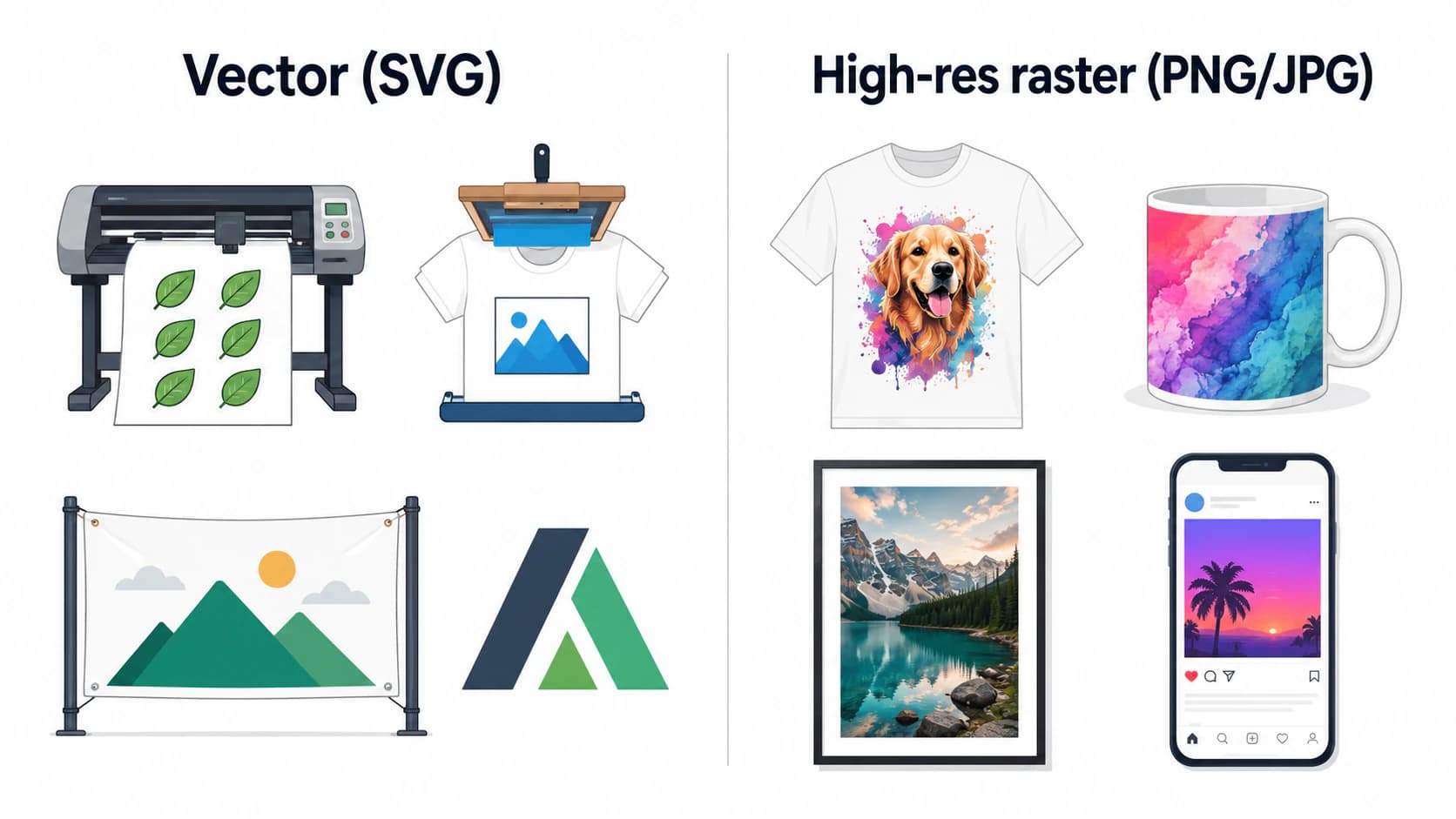 Tabella a due colonne dei prodotti che richiedono vettore (taglio, serigrafia, insegne, loghi) e di quelli adatti a raster ad alta risoluzione (abbigliamento DTG, sublimazione, poster, social)