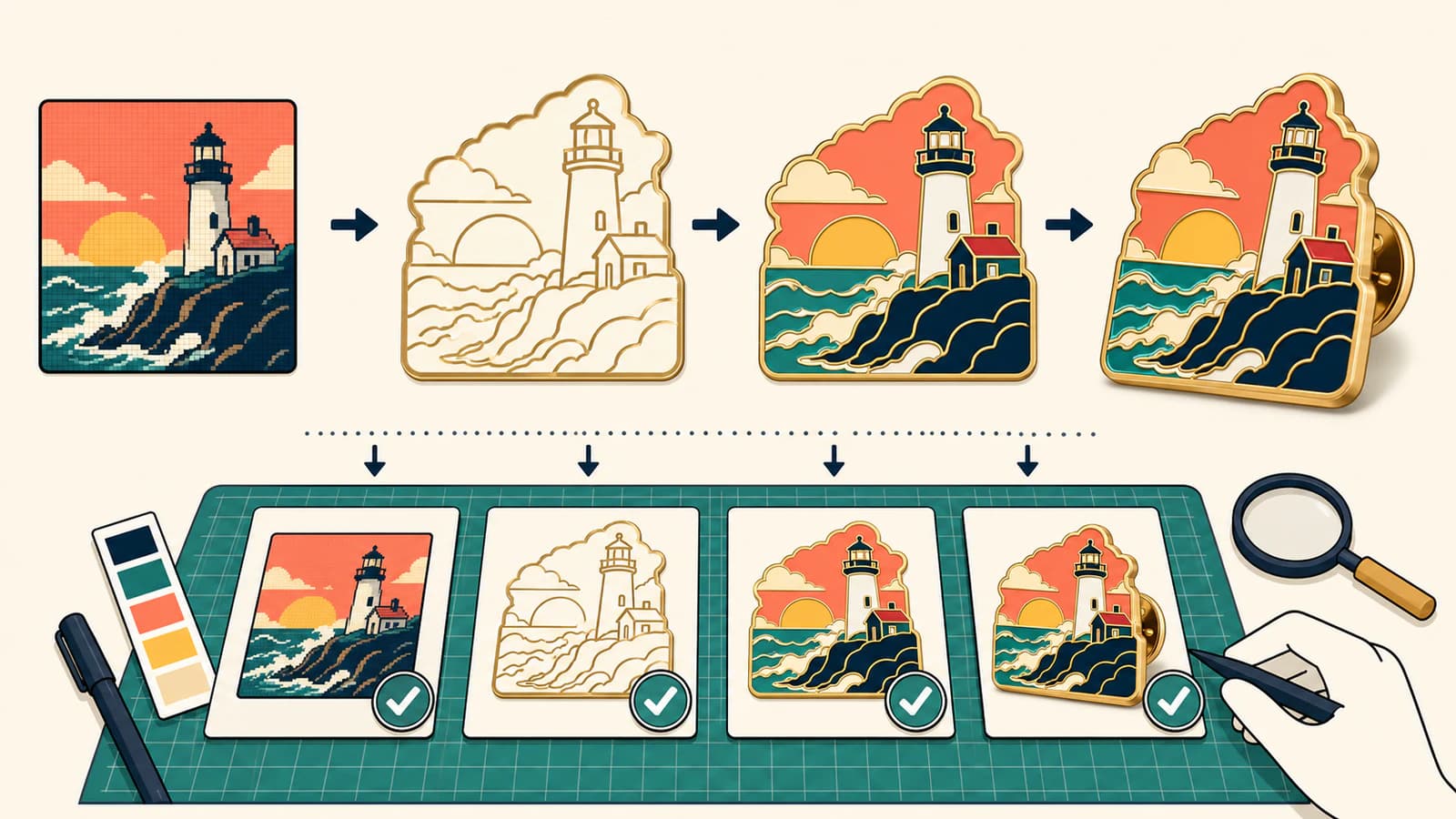 Conceptual enamel pin handoff showing a raster reference simplified into metal boundaries and solid color regions before proof review