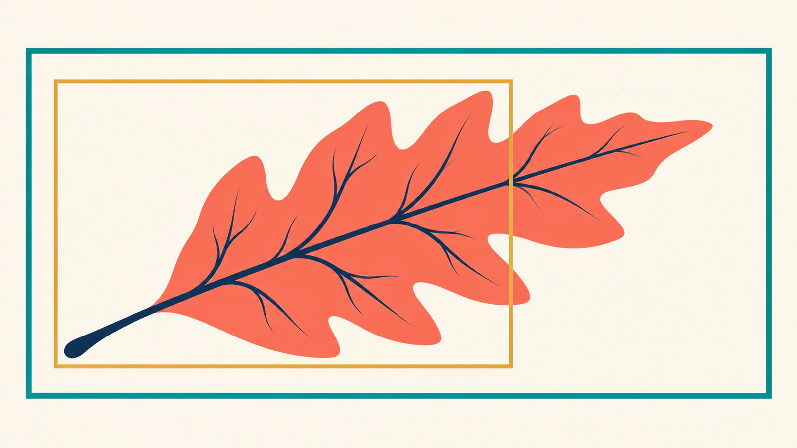 Conceptual leaf artwork with a narrow gold frame missing its tip and a larger teal frame containing extra space