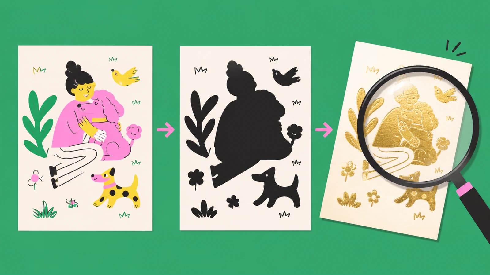 Conceptual illustration of printed artwork separated from a clean solid vector foil mask and checked at final size