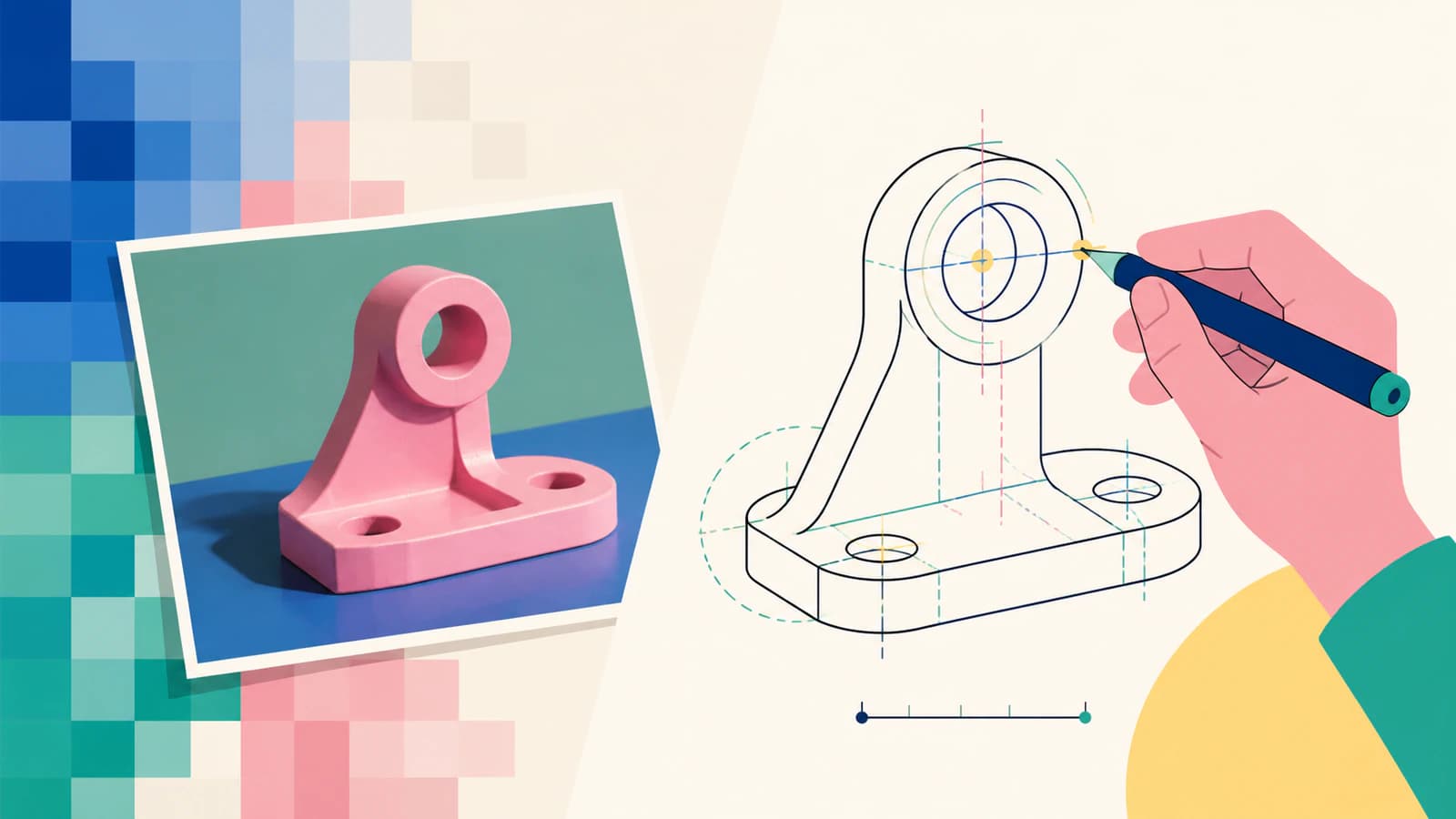 Conceptual illustration showing a flat part image used as a reference and rebuilt as sparse editable outline geometry
