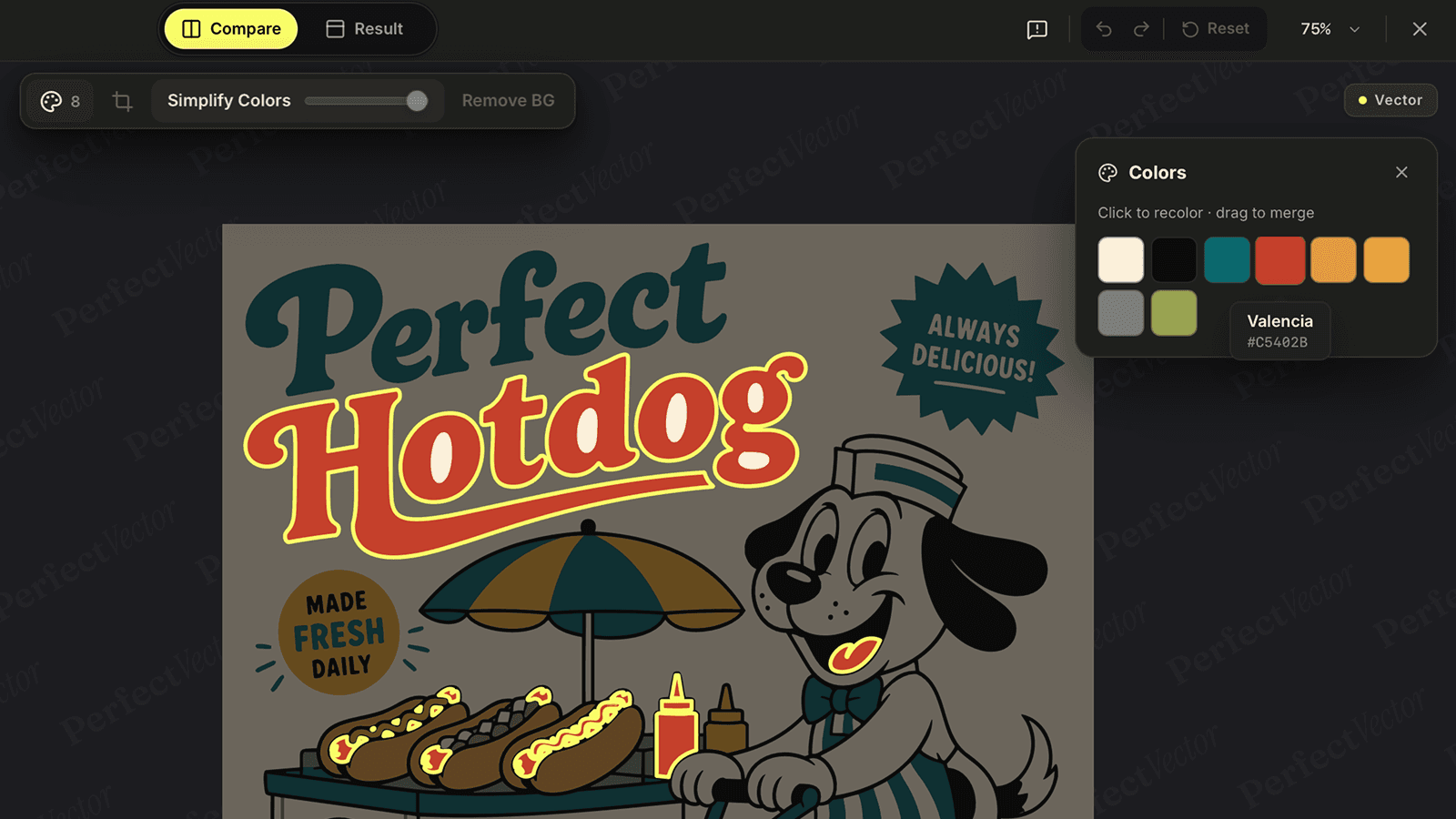 The PerfectVector color editor after a conversion, with the design's colors shown as swatches and two similar blues being merged into one