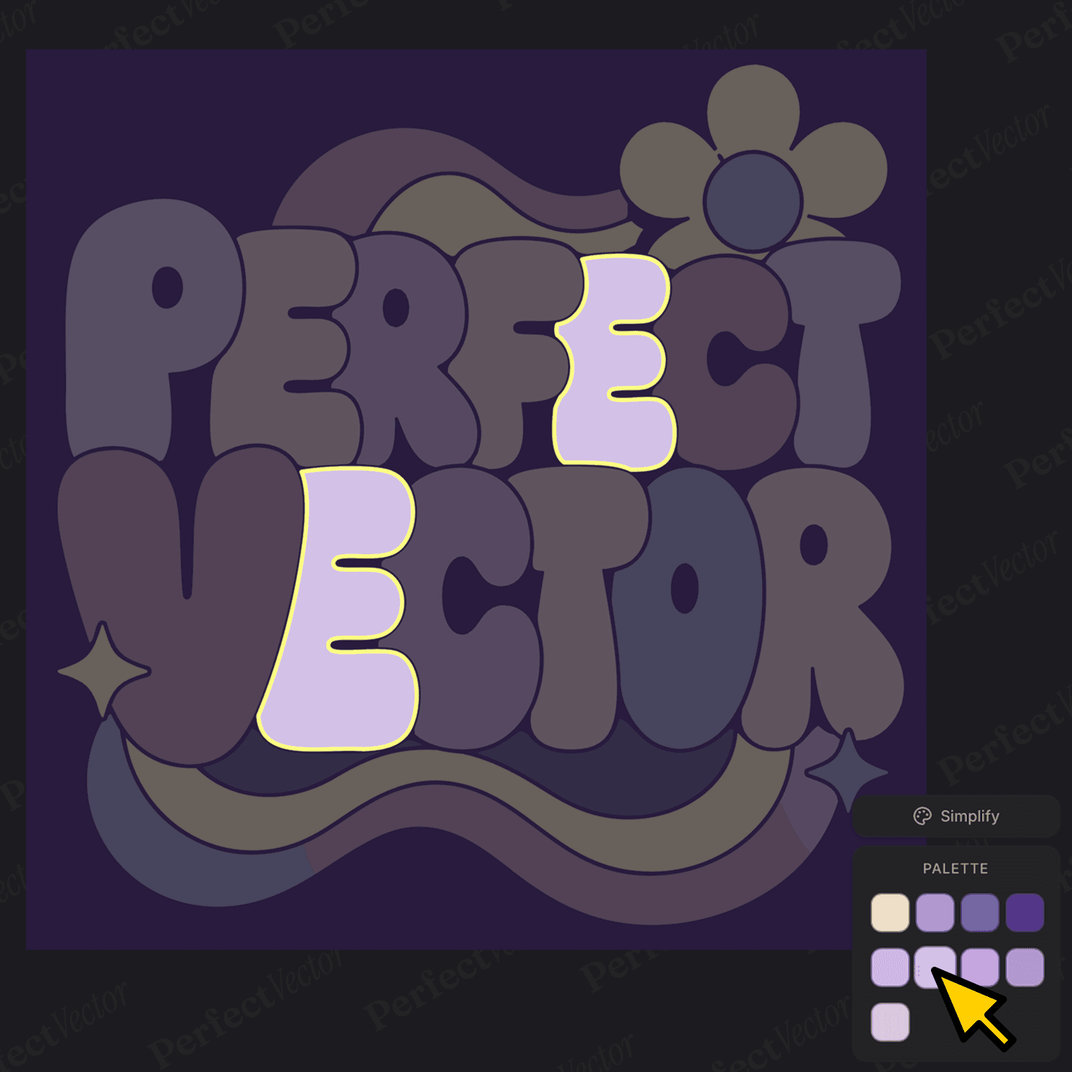 The PerfectVector color editor showing a converted SVG with its colors listed as separate, editable swatches that can be recolored or merged