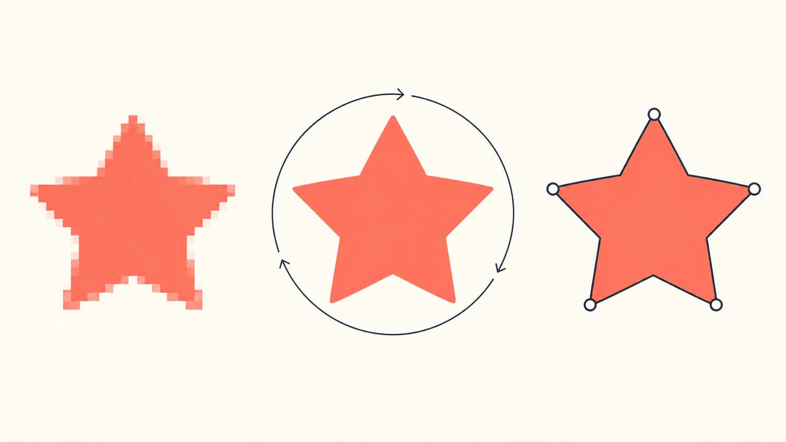 Illustration of a pixel star, a smooth star with an adjustment loop, and a star contour with editable anchor points