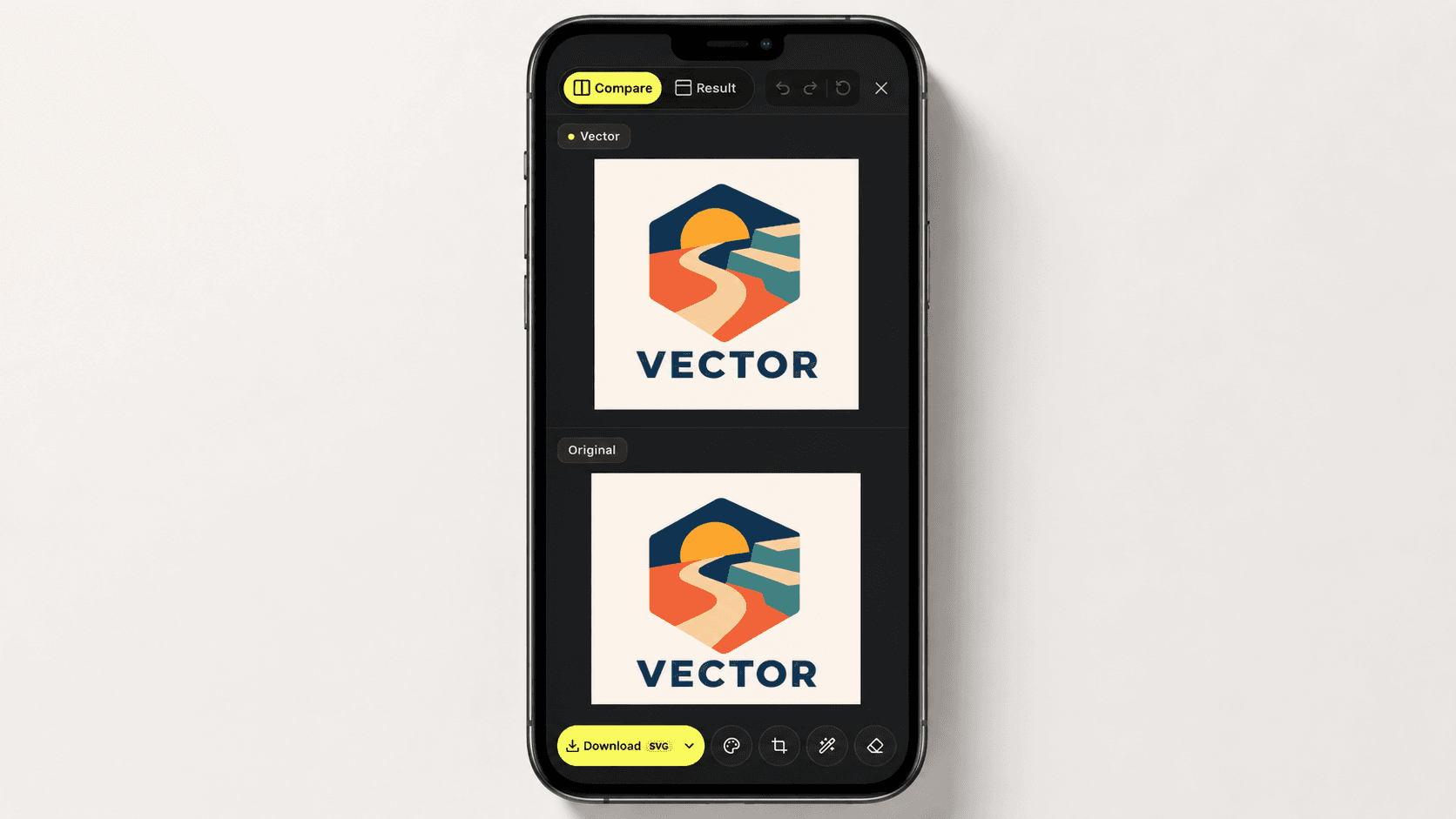 An iPhone in Safari showing the PerfectVector converter with an uploaded drawing traced into an SVG, ready to download