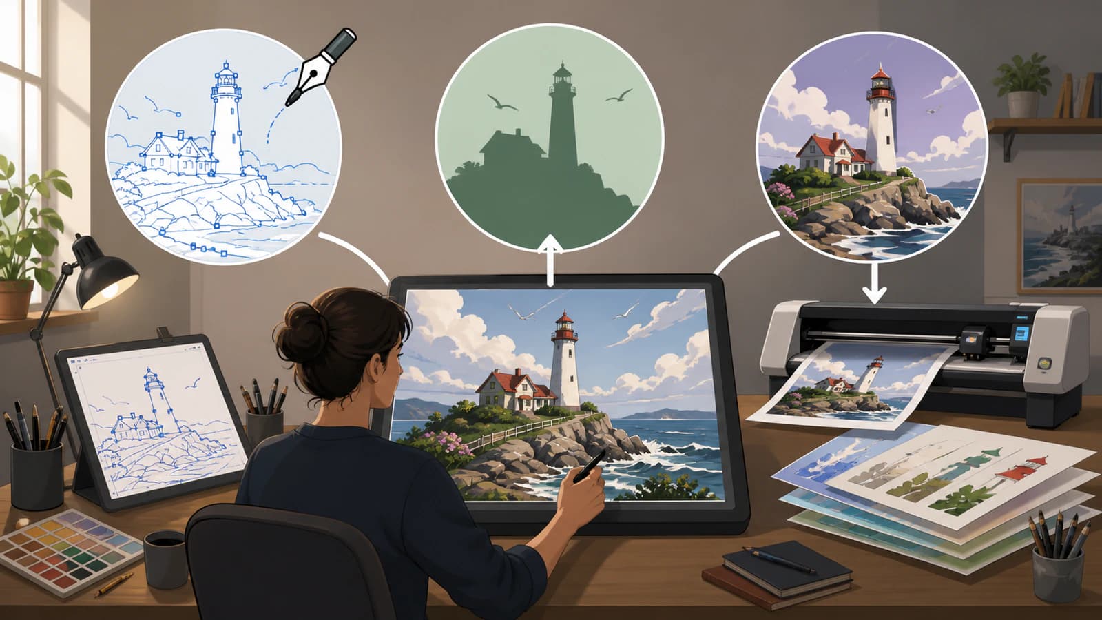 Three routes for creating vector artwork around Krita: manual redraw, simple silhouette conversion, and external multicolor tracing followed by SVG editing
