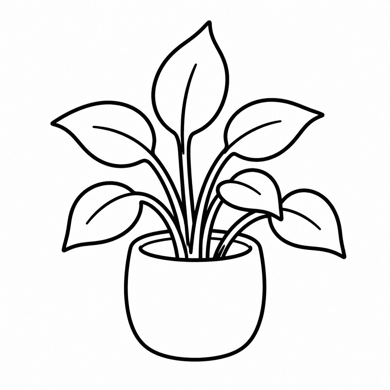 A high-contrast black ink drawing of a leafy houseplant on a plain white background