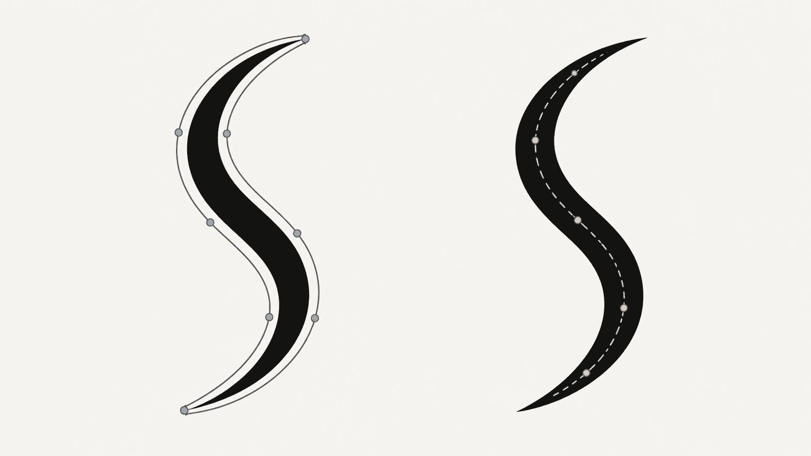 Diagram showing a single drawn stroke traced two ways: as a filled outline with paths along both edges, and as a single centerline path down the middle