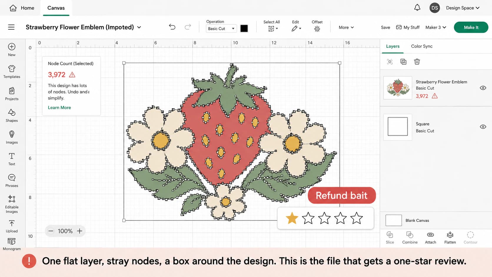 Eine Schnittdatei, die in Cricut Design Space als eine flache Ebene mit zu vielen Knoten und einem übrig gebliebenen Hintergrundkasten importiert wurde, markiert als Ein-Stern-Bewertung