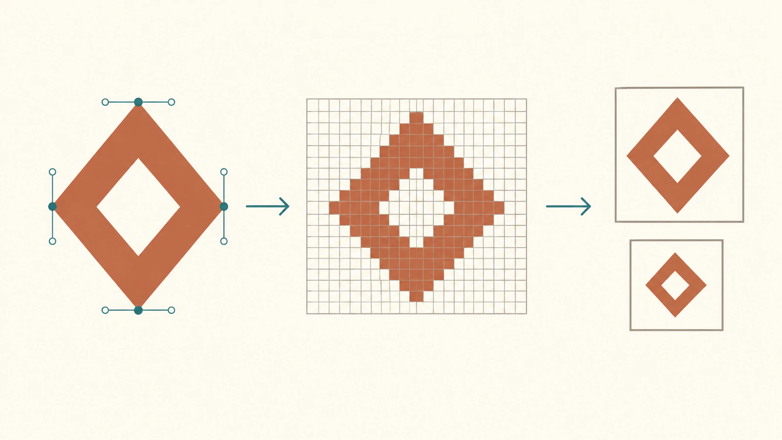 Conceptual illustration of a hollow diamond emblem as editable contours and pixel-based display copies