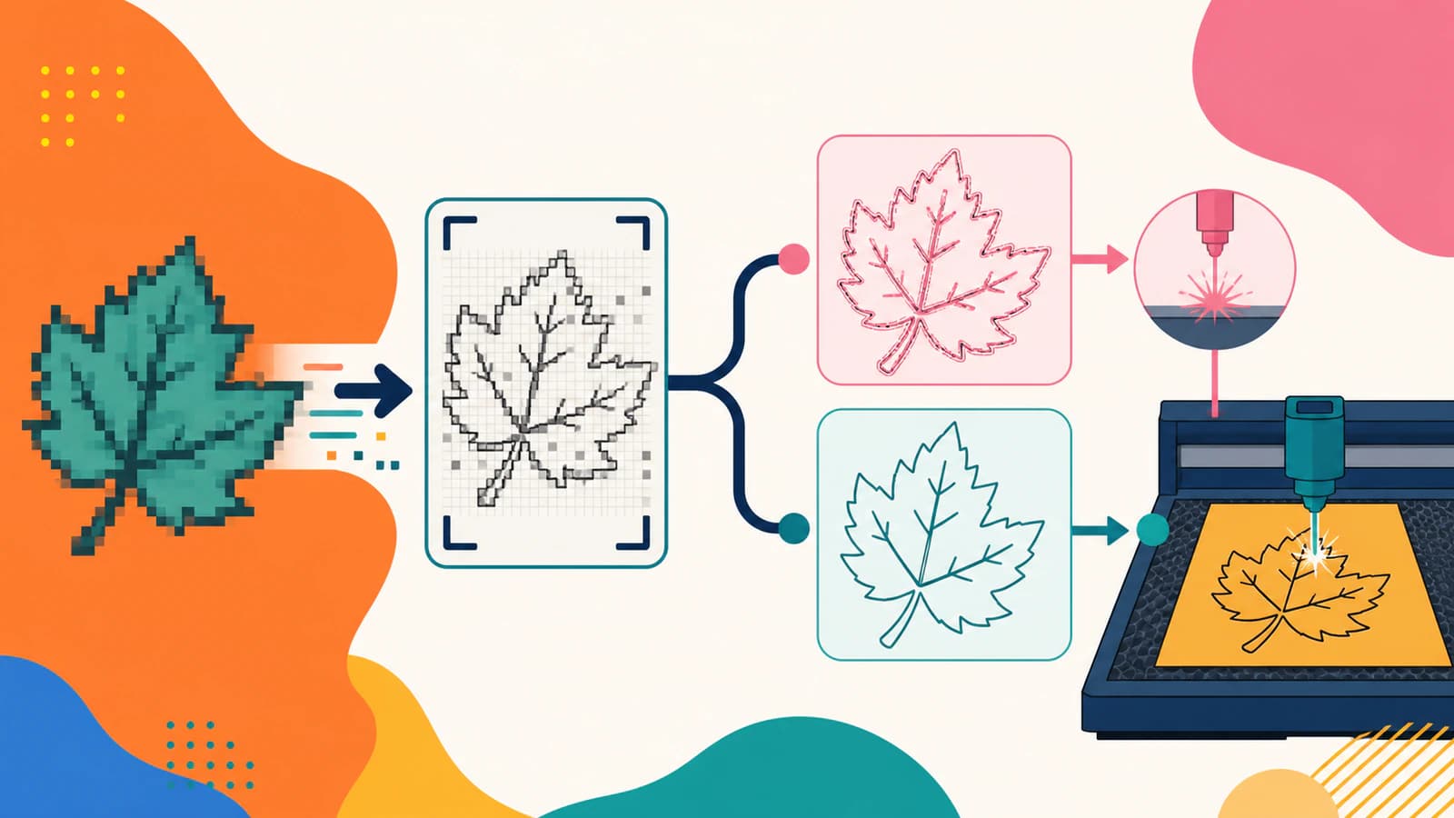 Conceptual three-stage illustration of a pixelated flower becoming a noisy trace and then a clean laser-ready outline