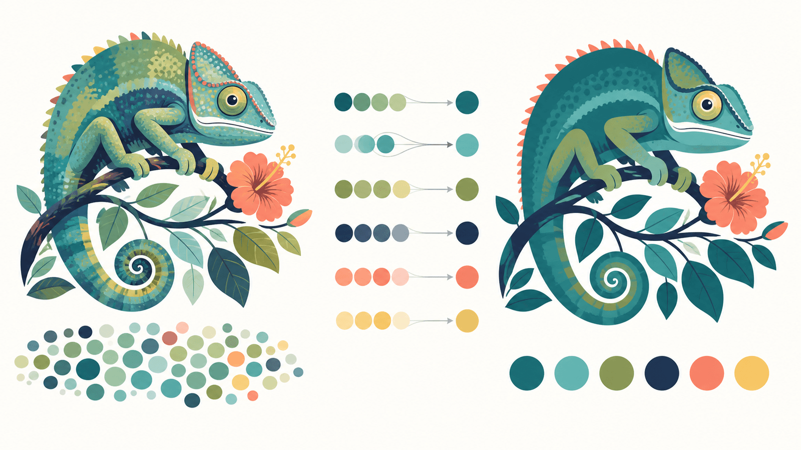 Conceptual palette map connecting many near-duplicate swatches to background, main fill, outline, and focal-detail roles, then selecting one deliberate color for each role