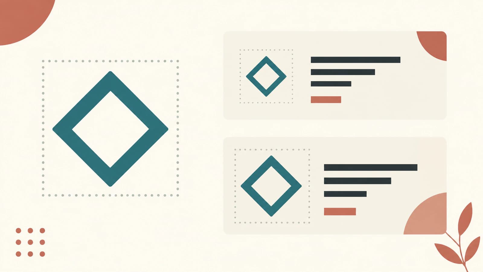 Conceptual illustration of a hollow diamond master and copies placed at different sizes in simple branded cards