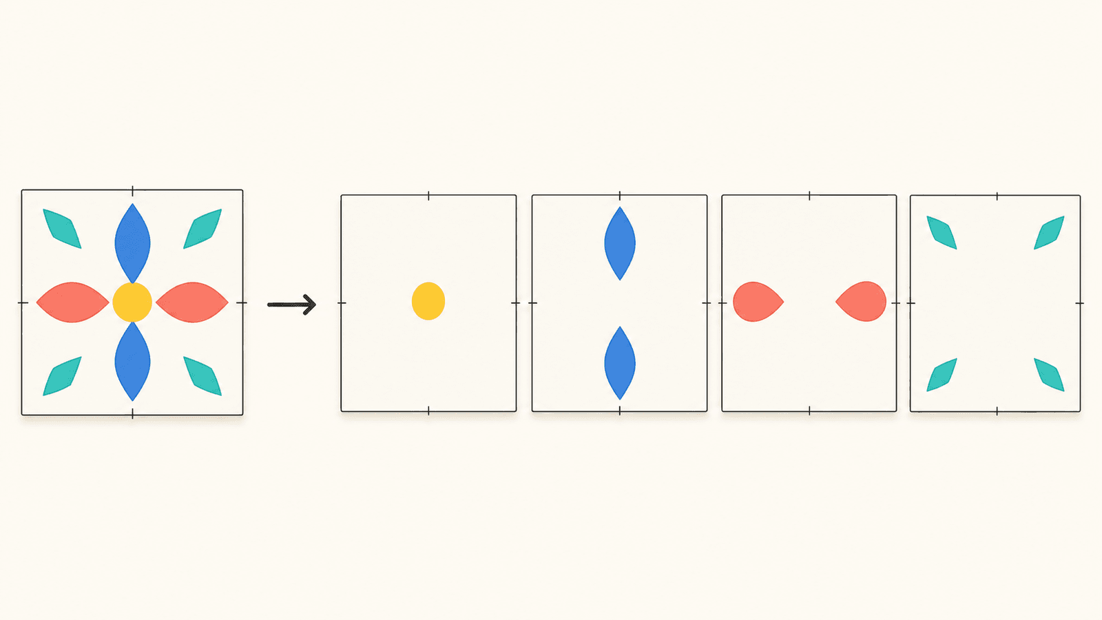 Conceptual multicolor flower separated into same-size transparent artboards, one per exact color, with shared registration corners
