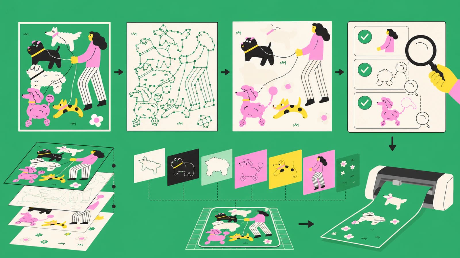 Conceptual illustration showing a raster design rebuilt as clean color-separated SVG paths before import into a cutting workflow