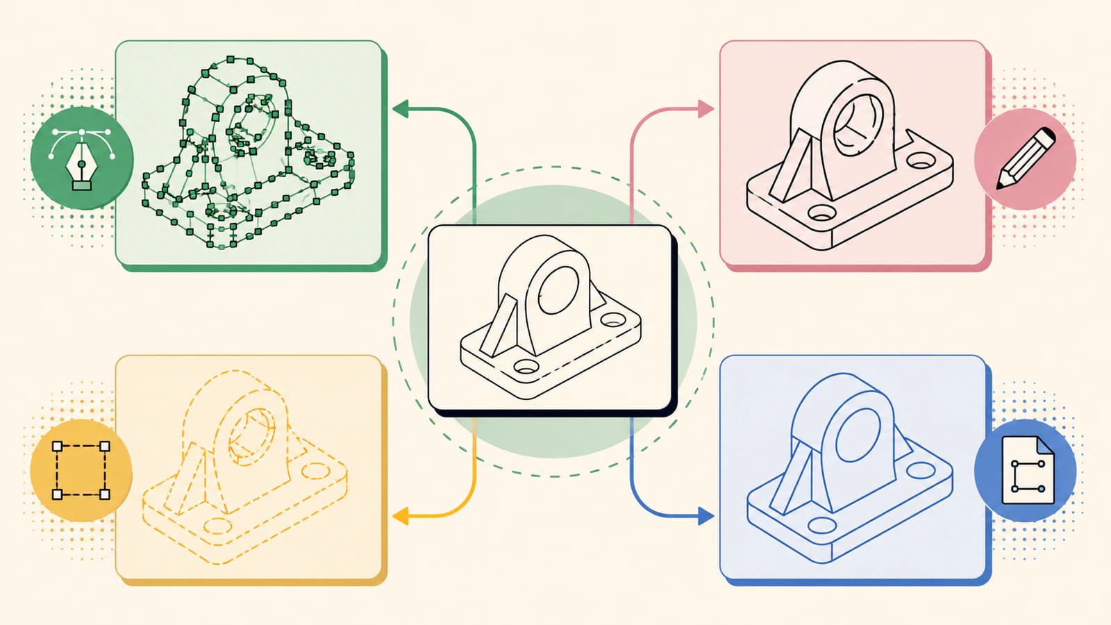 Conceptual illustration comparing a dense automatic trace, a manual CAD redraw, and a clean vector handoff around the same mechanical outline