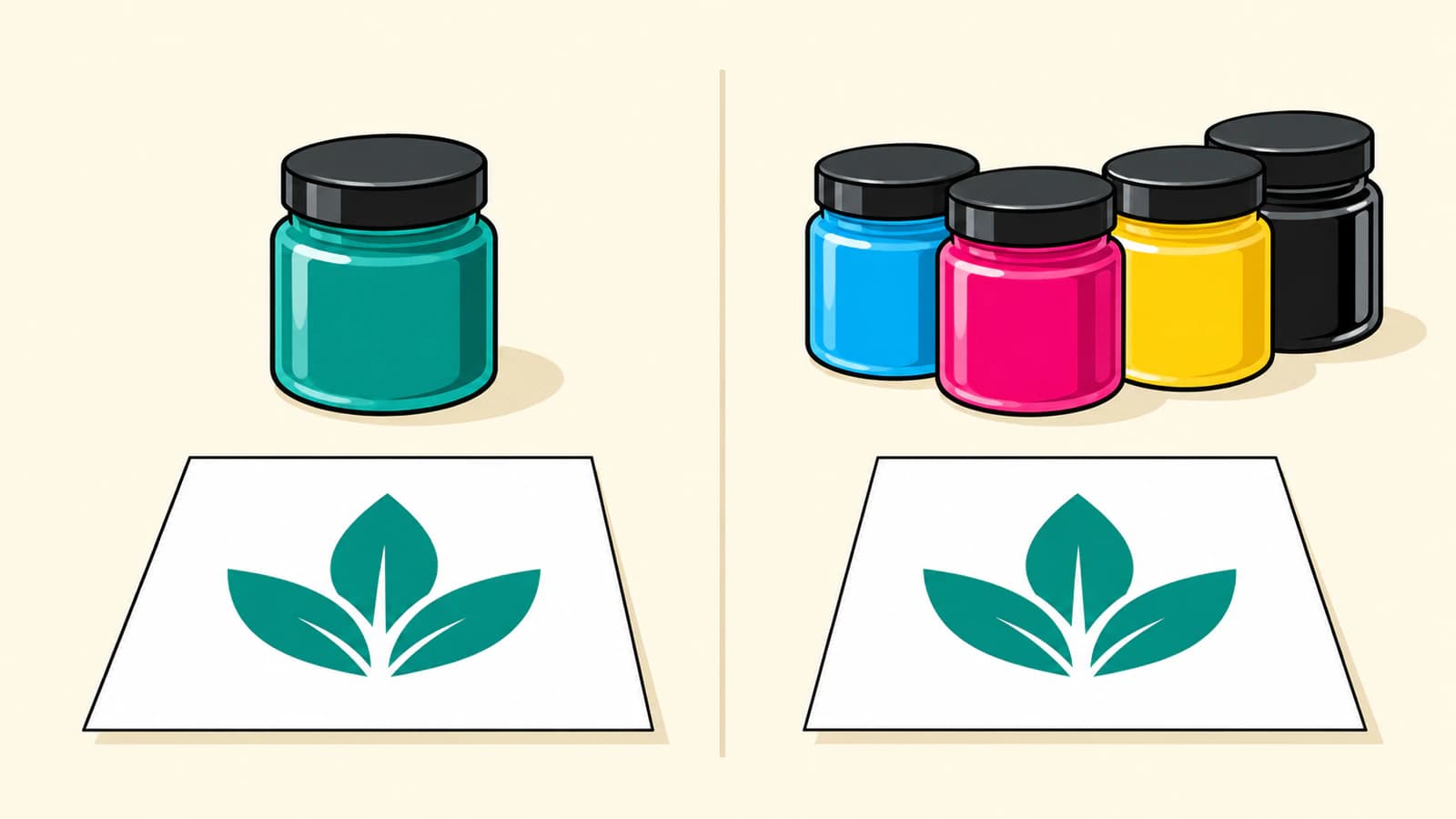 Conceptual comparison of one teal ink jar beside a leaf emblem and a group of cyan, magenta, yellow, and black jars beside a similar emblem.