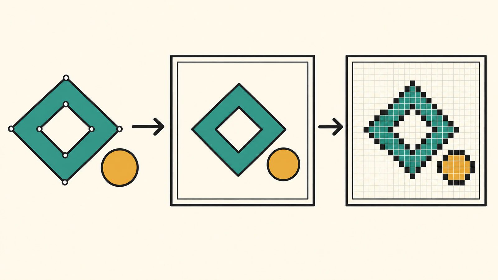 Conceptual illustration of a hollow diamond and circle as source contours, smooth rendered artwork and pixel-grid output