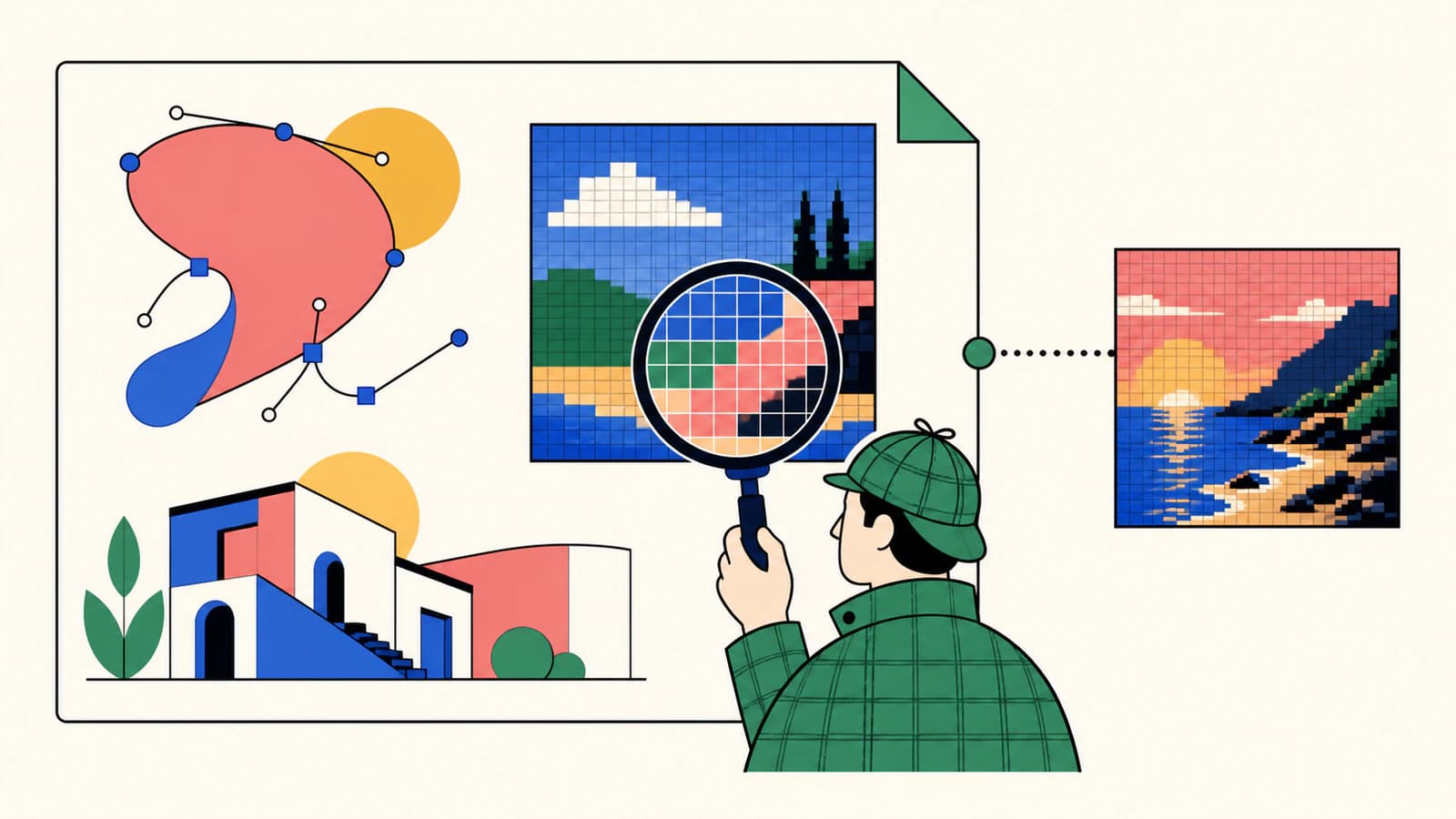 Conceptual cutaway of one SVG containing editable vector paths alongside an embedded pixel image and an external linked image