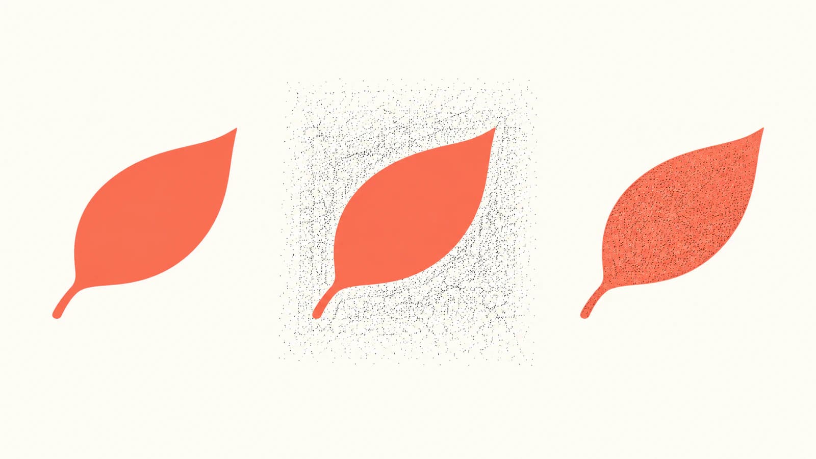 Illustration of a clean coral leaf, grain spilling outside a leaf, and grain contained inside a crisp leaf silhouette