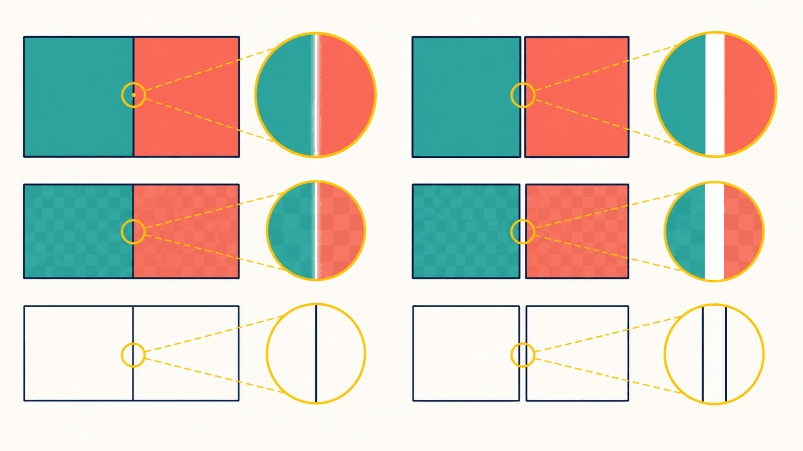 Conceptual comparison of adjacent teal and coral SVG shapes whose outlines touch despite a faint antialiasing seam versus two shapes separated by a real geometry gap