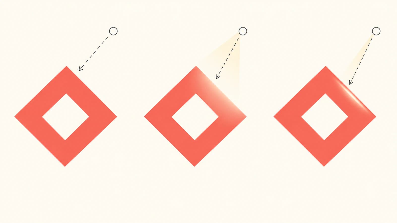Conceptual illustration of matching hollow diamond emblems with flat paint, broad shading, and a concentrated highlight.