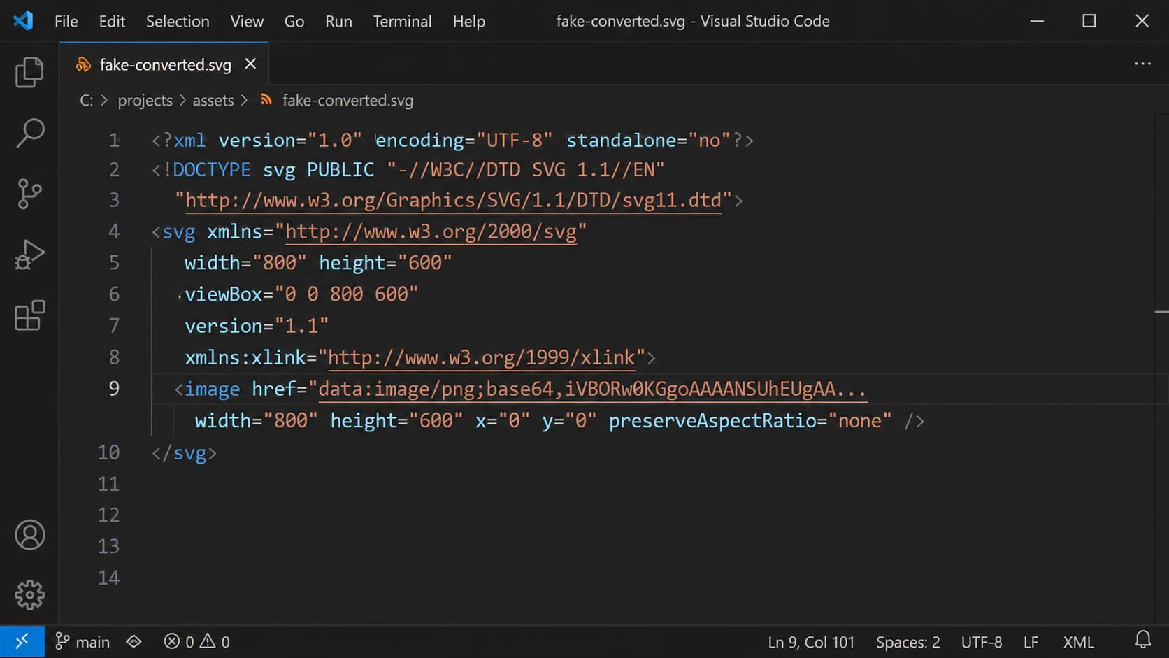 An SVG file open in a text editor, showing an image tag with a long base64 data blob instead of vector path elements