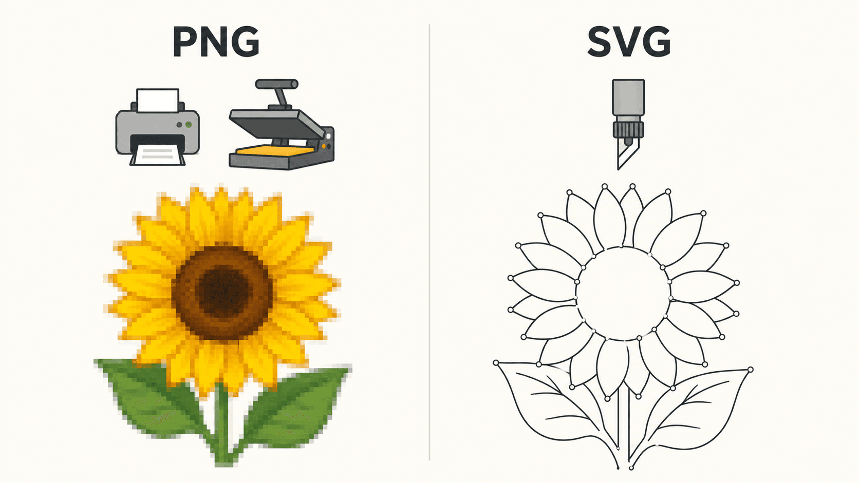 Diagram of the two jobs: a printer and heat press using a PNG image on the print side, and a cutting machine following SVG vector paths on the cut side