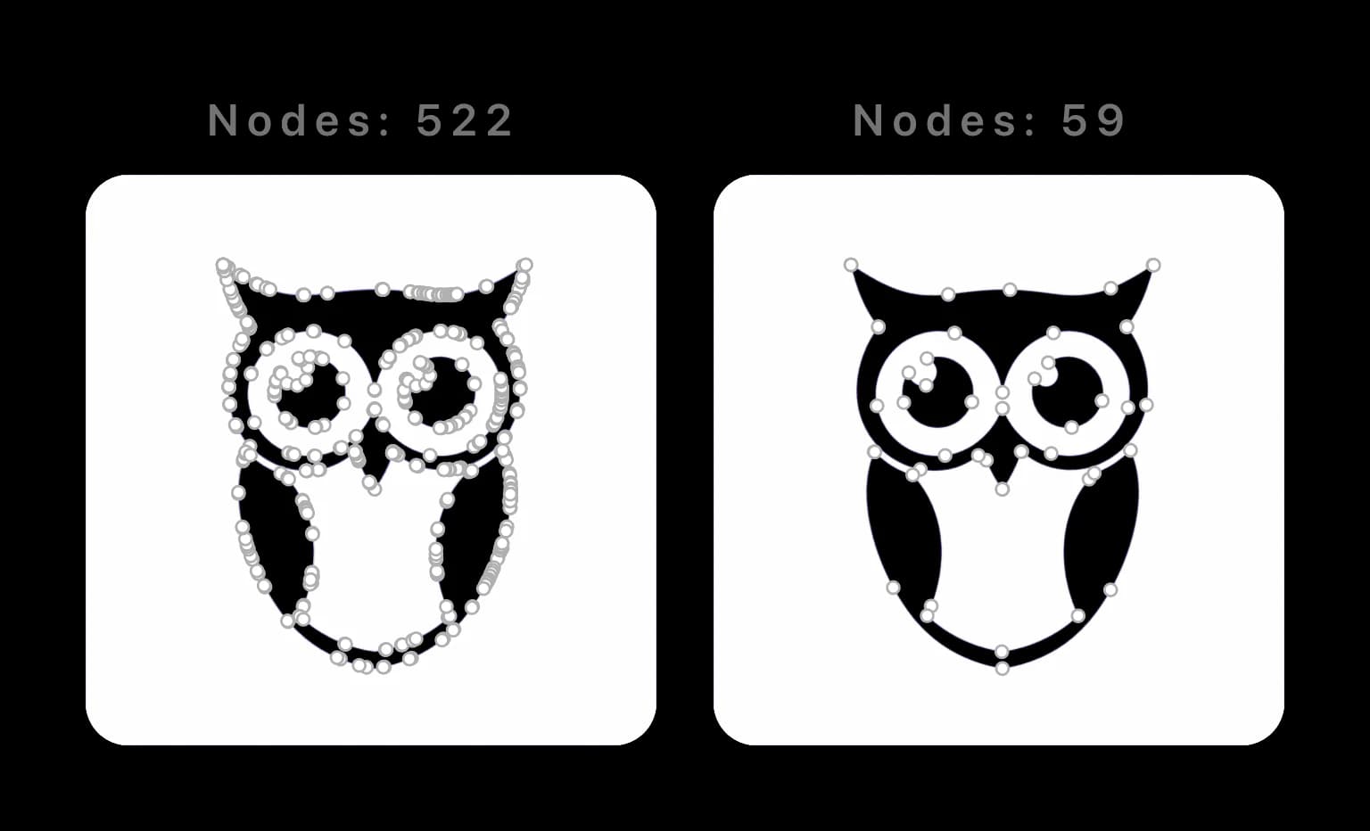 The same owl illustration traced with 522 anchor points on one side and 59 anchor points on the other