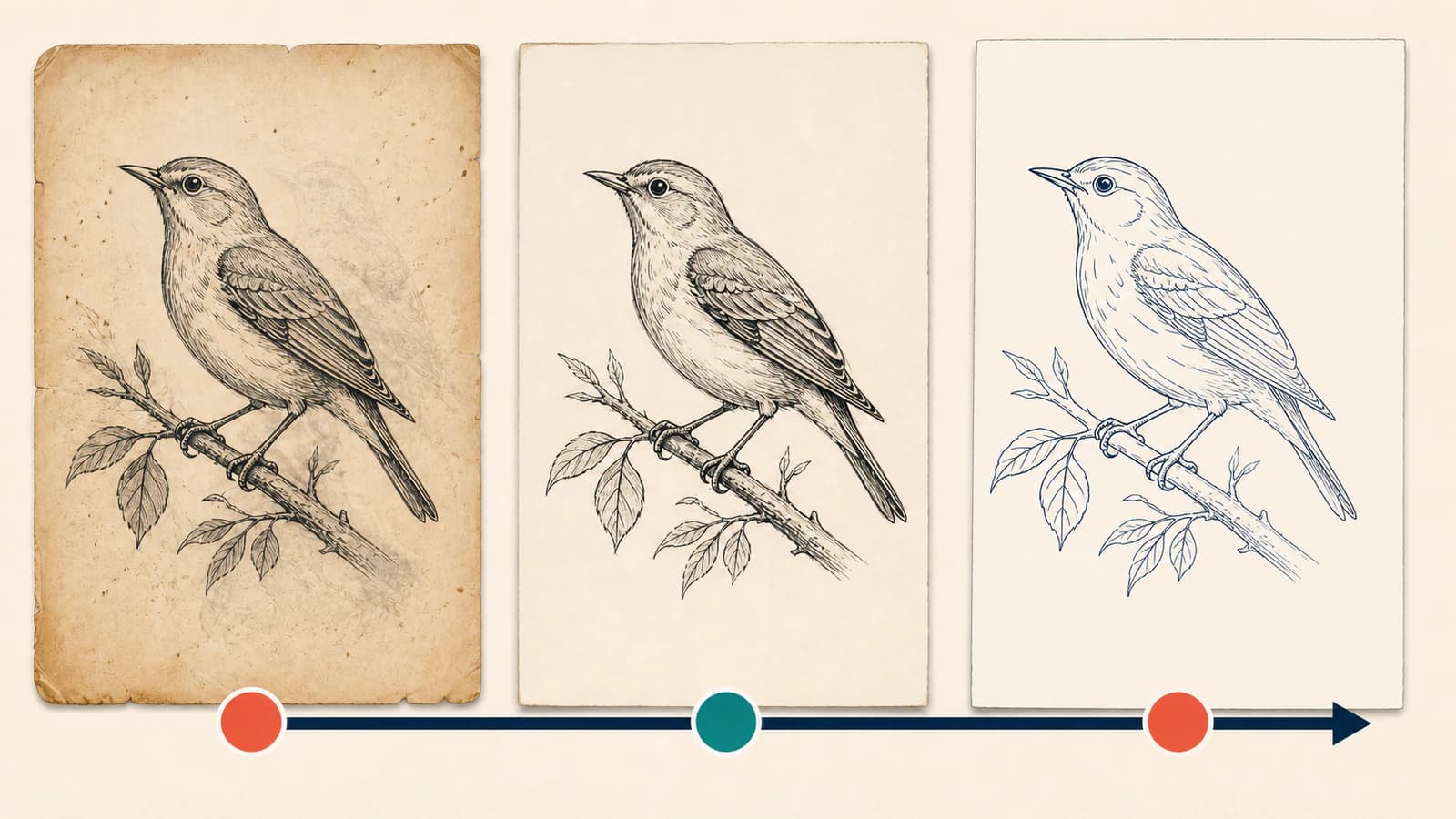 Vista divisa concettuale di un disegno scansionato rumoroso e una copia di lavoro preparata, con dettagli ingranditi che distinguono variazioni intenzionali dell'inchiostro da polvere, grigio della carta e difetti dello scanner