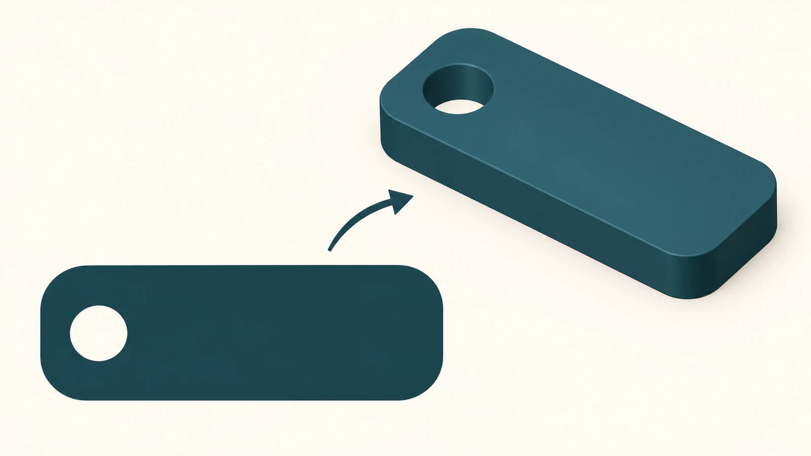 Diagram of a filled key-tag outline and circular opening becoming a solid extrusion with a through-hole.