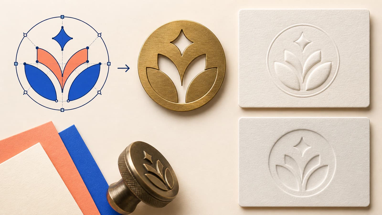 Conceptual comparison of editable vector geometry, a metal finish die, a raised embossed paper mark, and a recessed debossed paper mark